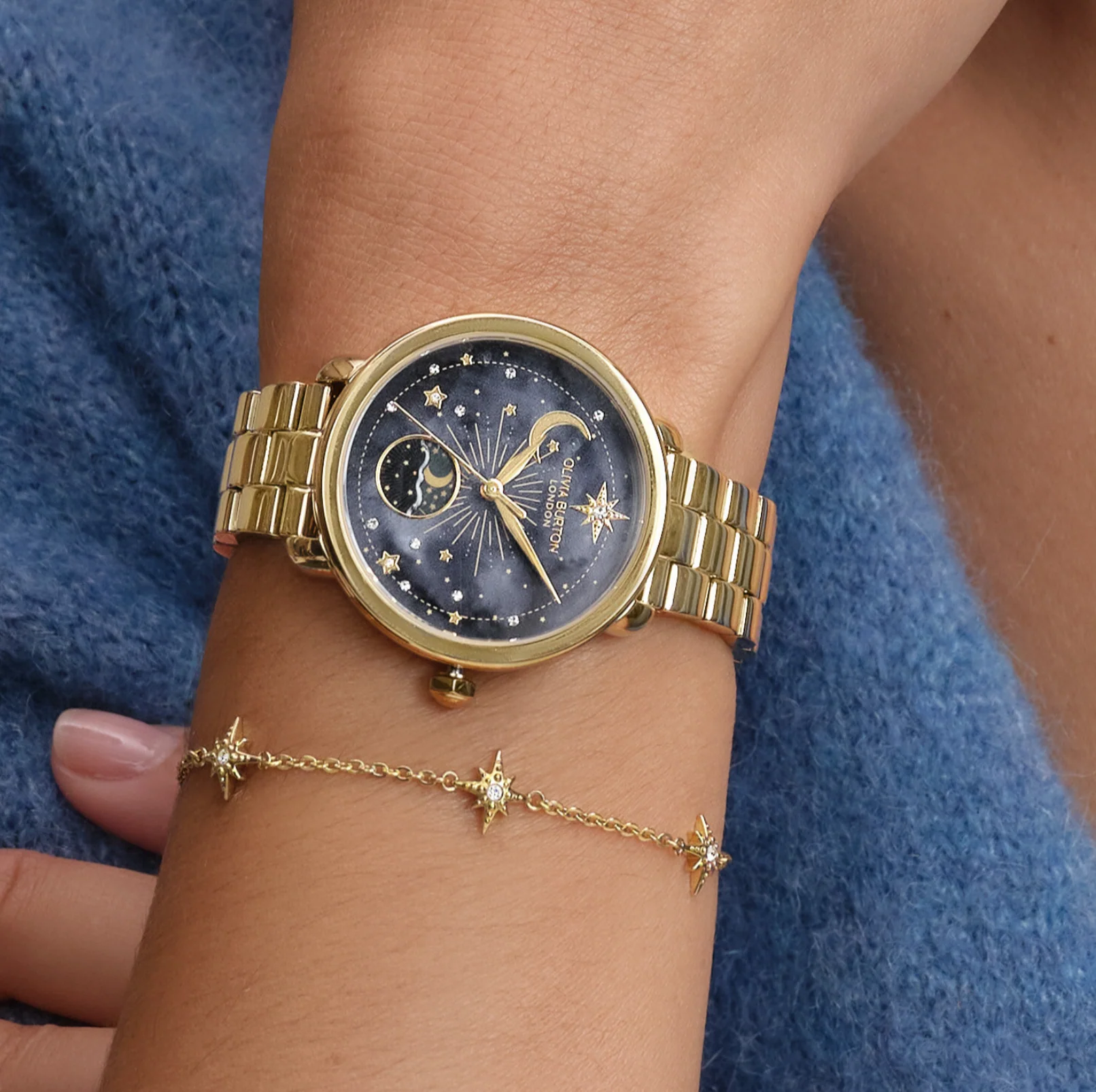 Olivia Burton Celestial 34mm Moon Phase Black & Gold Bracelet Watch 24000298 - Image 3